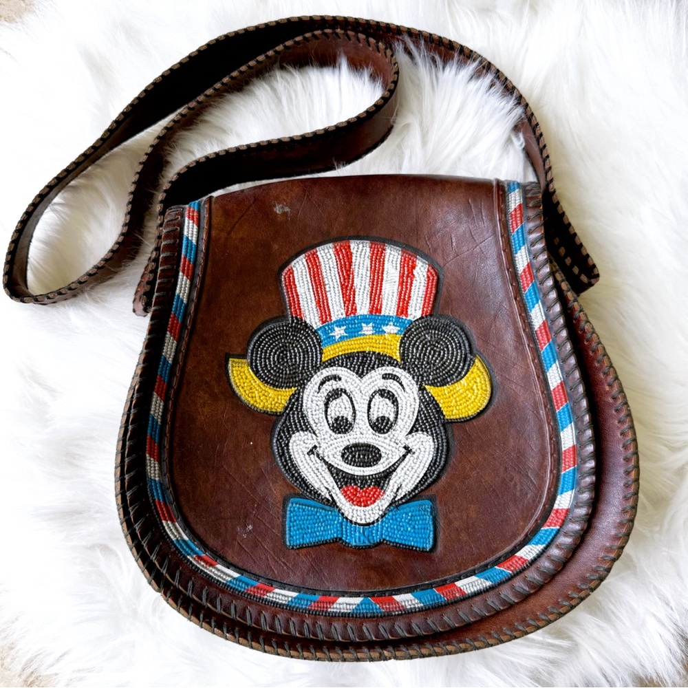 vintage patriotic mickey mouse satchel red white blue beading faux leather